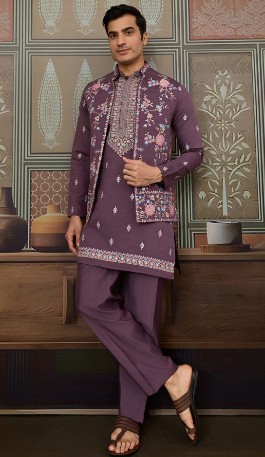 Grand Purple Color Viscose Fabric Kurta Pajama and Jacket
