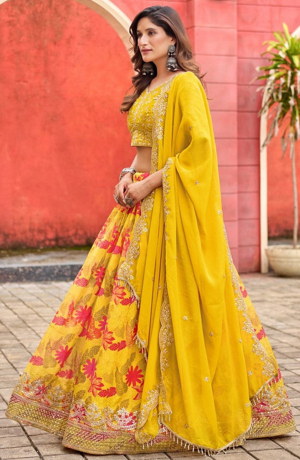 Amazing Yellow Color Silk Fabric Party Wear Lehenga