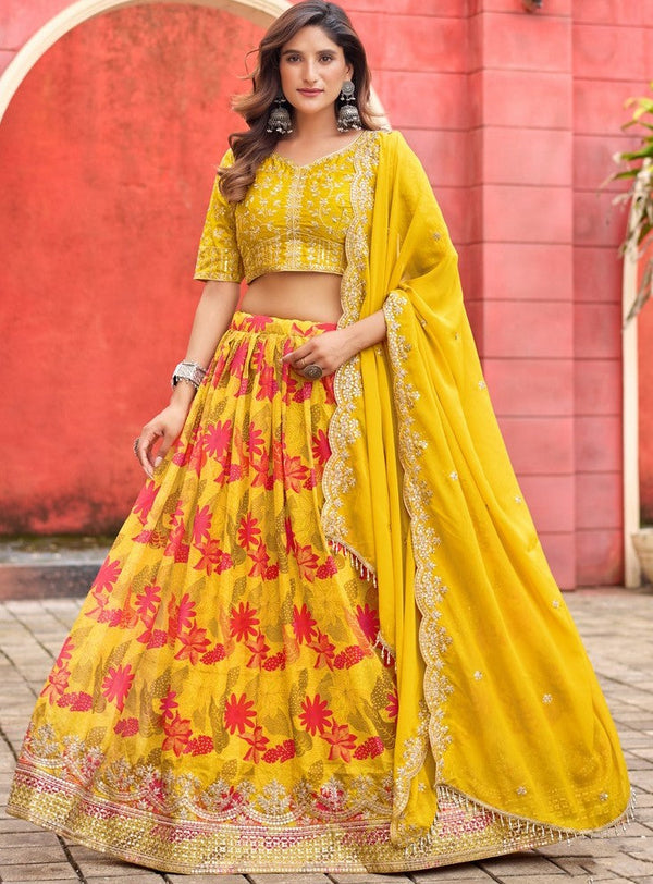 Amazing Yellow Color Silk Fabric Party Wear Lehenga