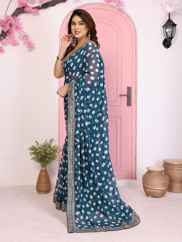 Beautiful Teal  Color Georgette Fabric Casual Saree