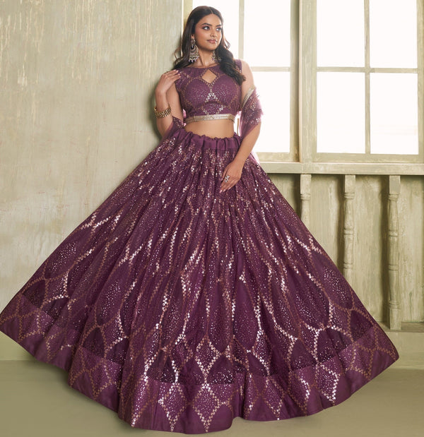 Magnetic Wine Color Net Fabric Party Wear Lehenga