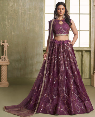 Magnetic Wine Color Net Fabric Party Wear Lehenga