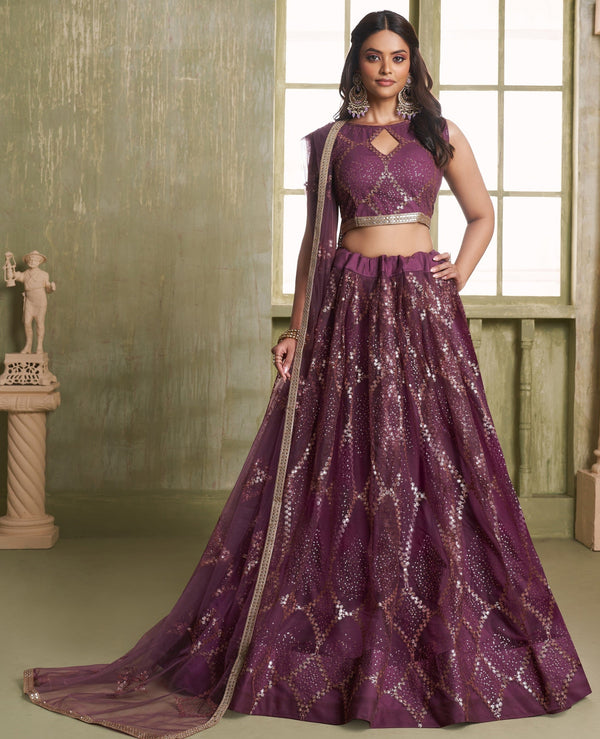 Magnetic Wine Color Net Fabric Party Wear Lehenga