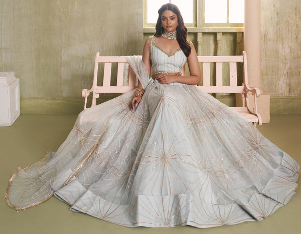 Magnetic Grey Color Net Fabric Party Wear Lehenga