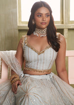 Magnetic Grey Color Net Fabric Party Wear Lehenga