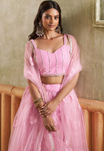 Magnetic Pink Color Net Fabric Party Wear Lehenga