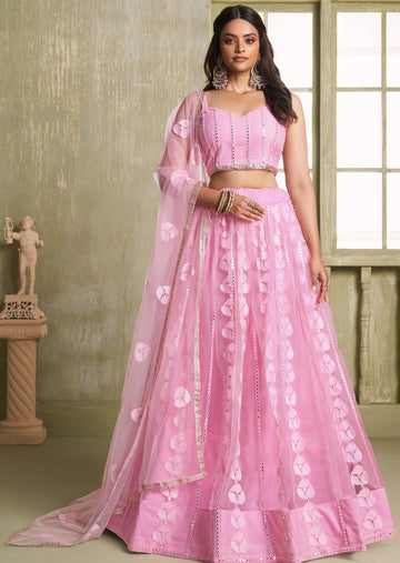 Magnetic Pink Color Net Fabric Party Wear Lehenga