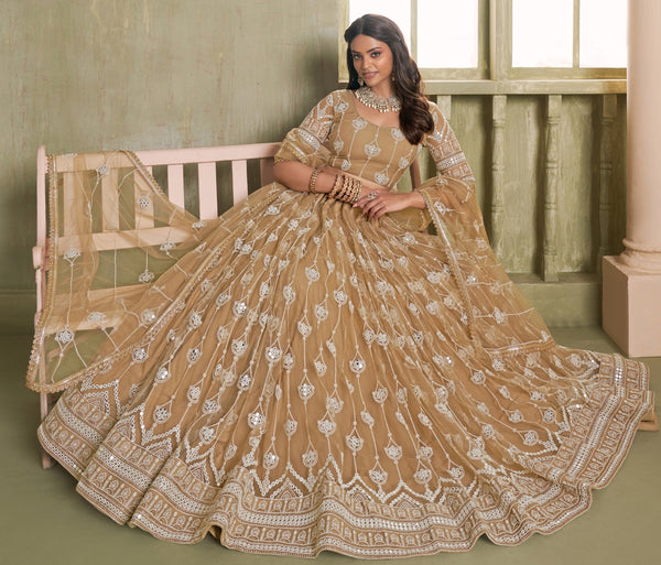 Magnetic Beige Color Net Fabric Party Wear Lehenga