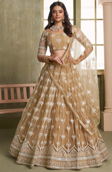 Magnetic Beige Color Net Fabric Party Wear Lehenga