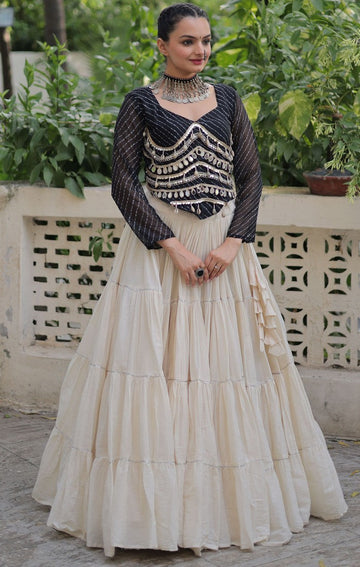 Lovely Cream Color Cotton Fabric Party Wear Lehenga