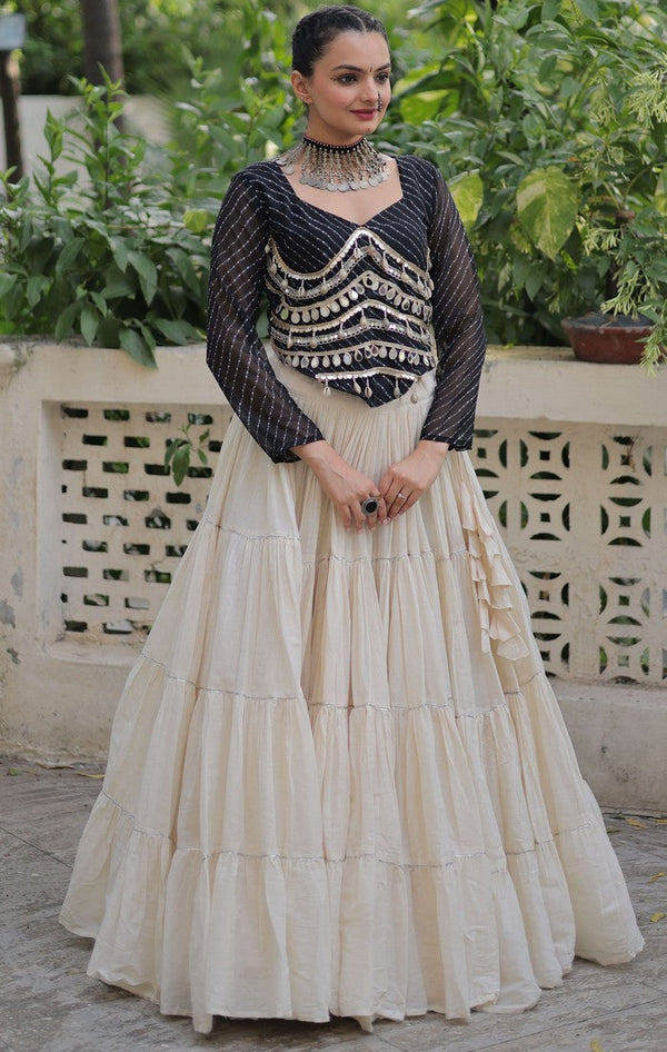 Lovely Cream Color Cotton Fabric Party Wear Lehenga