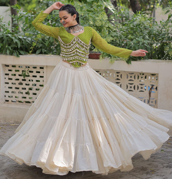 Lovely Cream Color Cotton Fabric Party Wear Lehenga