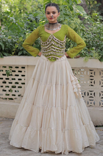 Lovely Cream Color Cotton Fabric Party Wear Lehenga