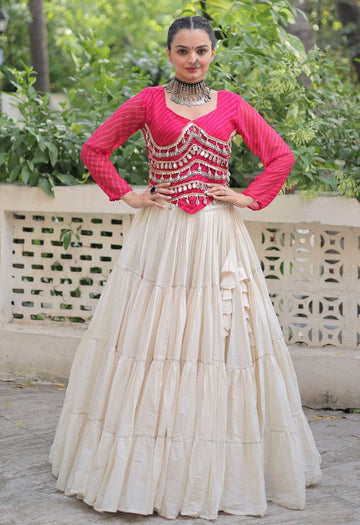 Lovely Cream Color Cotton Fabric Party Wear Lehenga