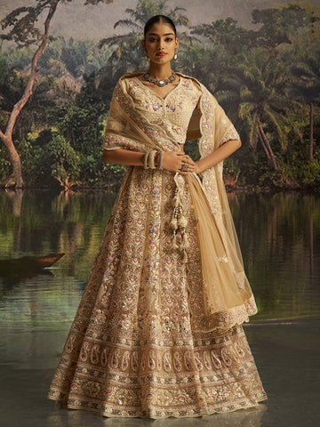 Lovely Cream Color Net Fabric Party Wear Lehenga