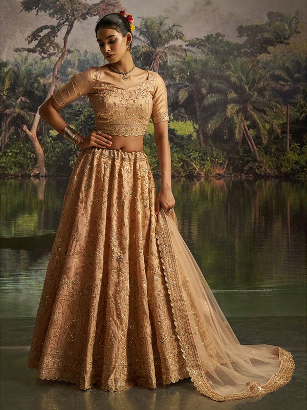 Lovely Peach Color Net Fabric Party Wear Lehenga