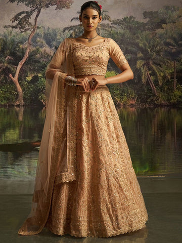 Lovely Peach Color Net Fabric Party Wear Lehenga