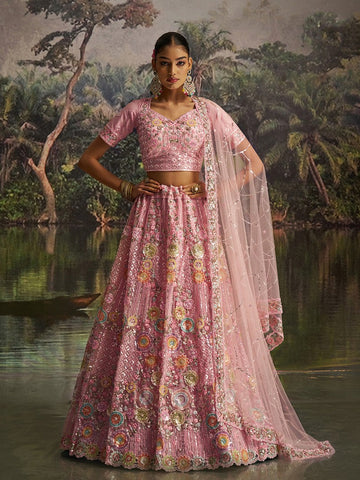 Lovely Pink Color Net Fabric Party Wear Lehenga