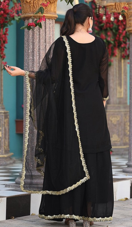 Tasteful Black Color Georgette Fabric Plazzo Suit