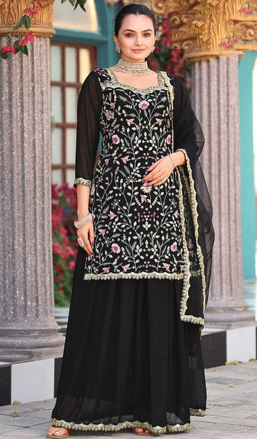 Tasteful Black Color Georgette Fabric Plazzo Suit
