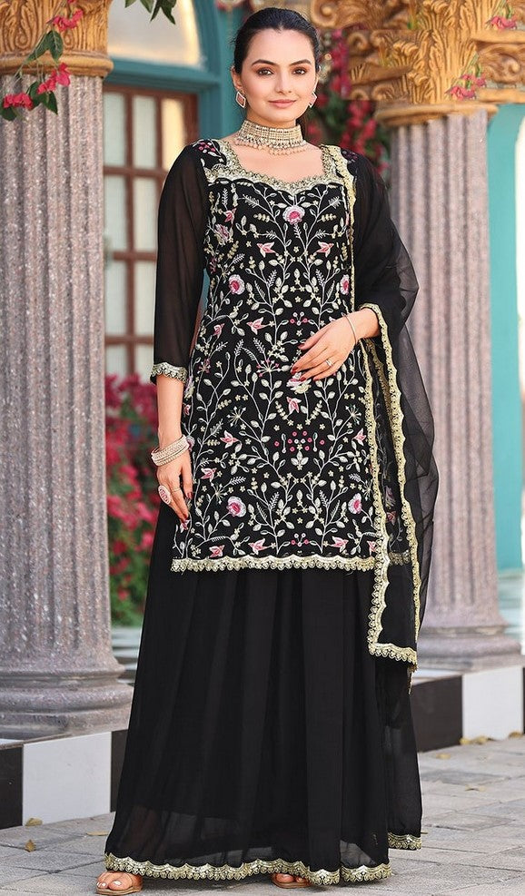 Tasteful Black Color Georgette Fabric Plazzo Suit