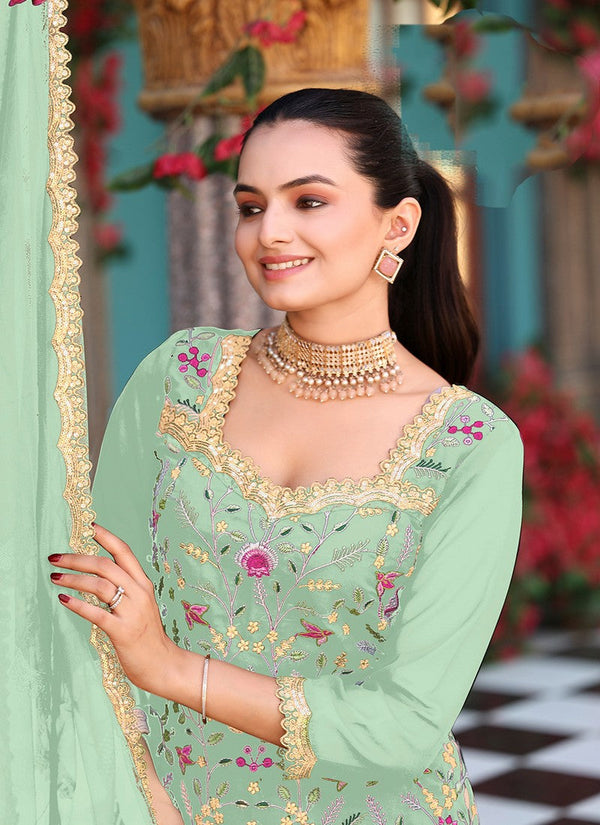 Tasteful Green Color Georgette Fabric Plazzo Suit