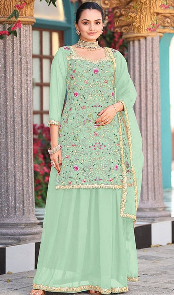 Tasteful Green Color Georgette Fabric Plazzo Suit