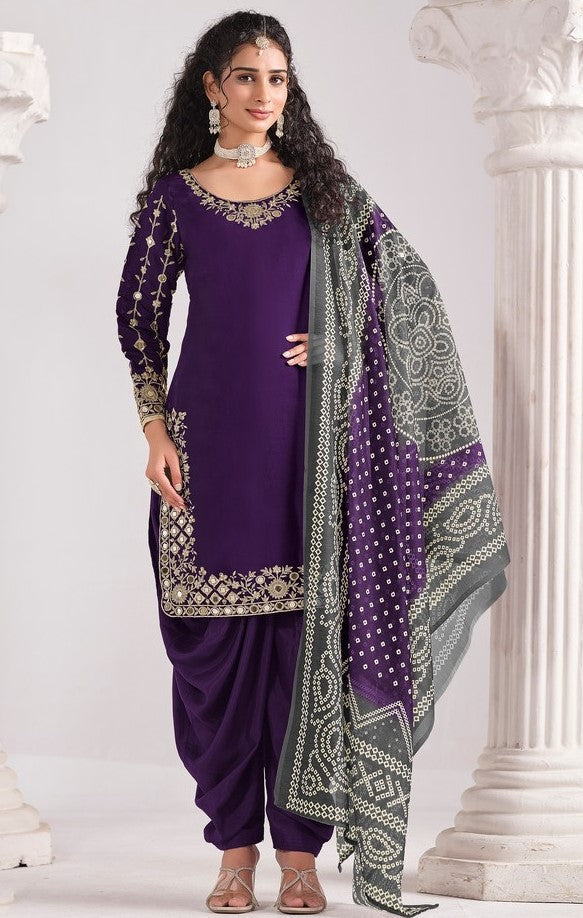 Amazing Voilet Color Silk Fabric Patiala Suit