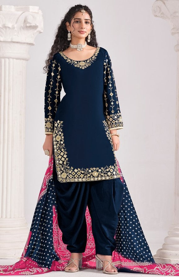 Amazing Blue Color Silk Fabric Patiala Suit