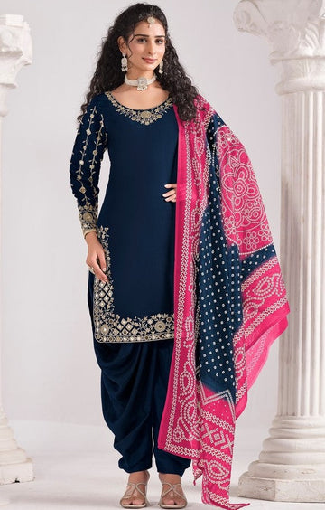 Amazing Blue Color Silk Fabric Patiala Suit