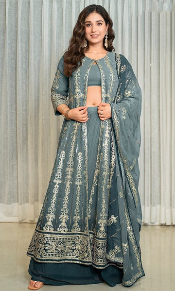 Beauteous Grey Color Georgette Fabric Designer Suit