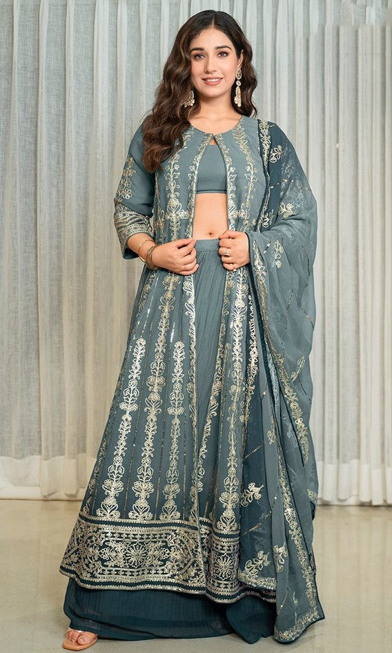 Beauteous Grey Color Georgette Fabric Designer Suit