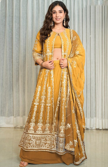 Beauteous Mustard Color Georgette Fabric Designer Suit