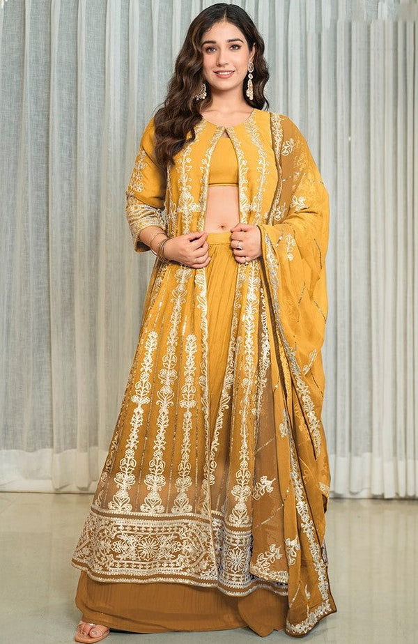 Beauteous Mustard Color Georgette Fabric Designer Suit