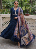 Striking Navy Blue Color Silk Fabric Gown