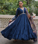 Striking Navy Blue Color Silk Fabric Gown