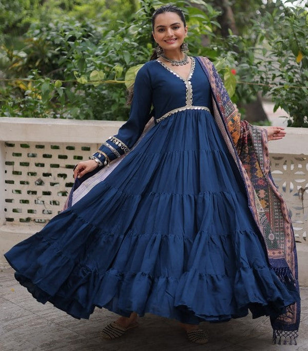 Striking Navy Blue Color Silk Fabric Gown