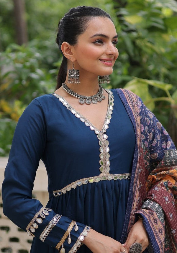 Striking Navy Blue Color Silk Fabric Gown