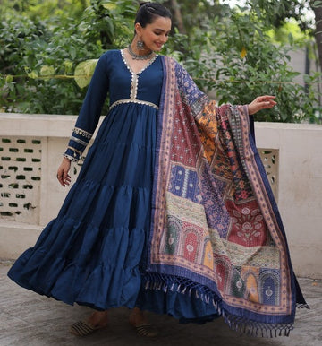 Striking Navy Blue Color Silk Fabric Gown