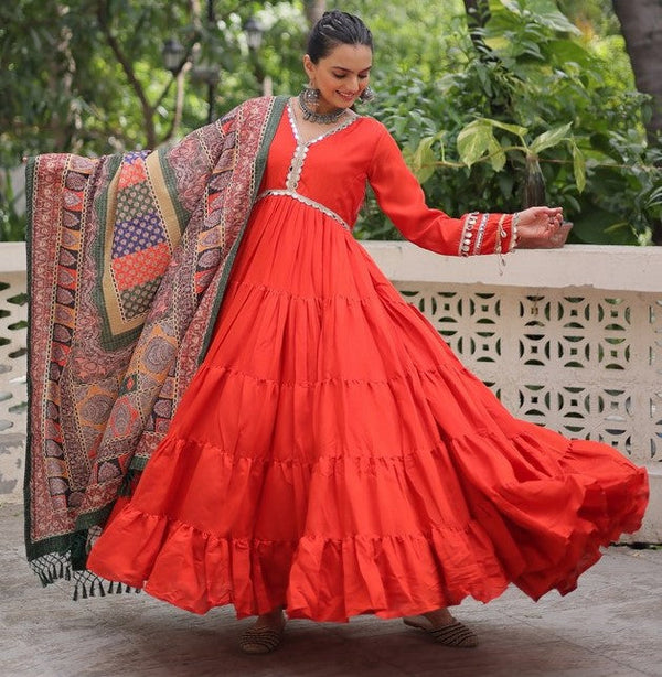 Striking Orange Color Silk Fabric Gown