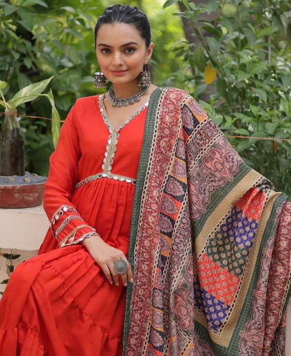 Striking Orange Color Silk Fabric Gown