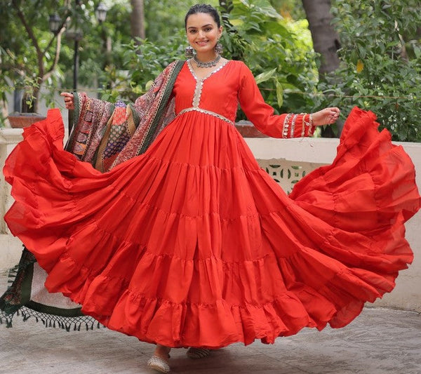Striking Orange Color Silk Fabric Gown