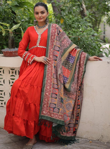 Striking Orange Color Silk Fabric Gown
