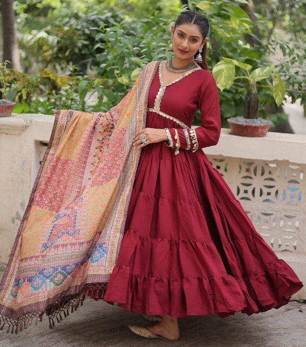 Striking Maroon Color Silk Fabric Gown