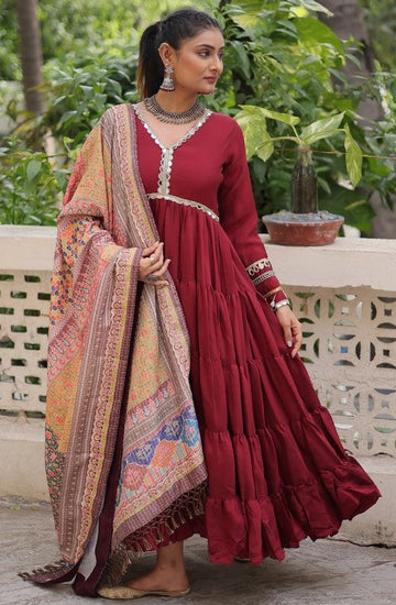 Striking Maroon Color Silk Fabric Gown