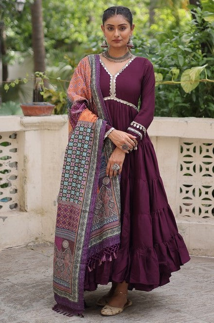 Striking Wine Color Silk Fabric Gown
