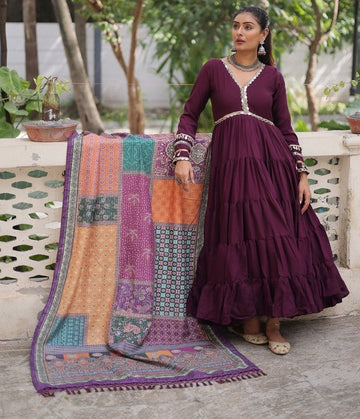 Striking Wine Color Silk Fabric Gown