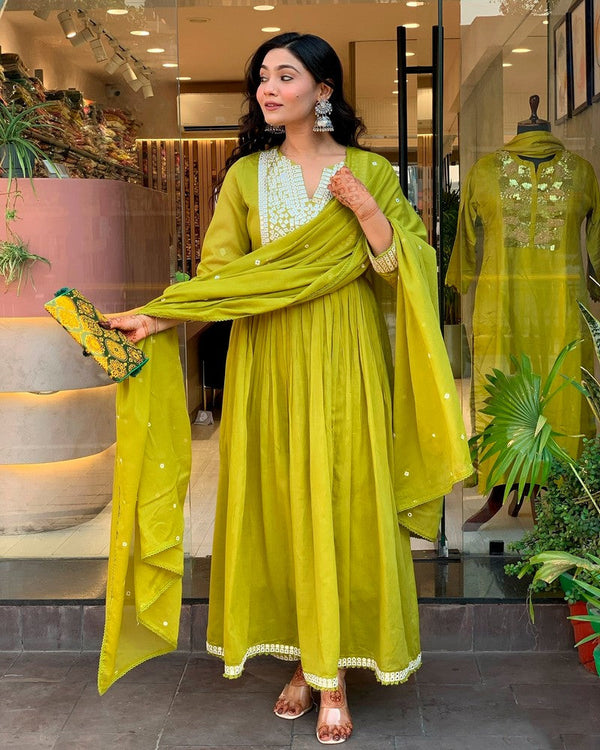 Gorgeous Green Color Chanderi Fabric Designer Suit