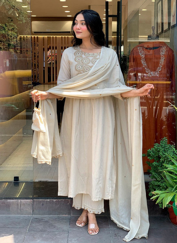 Gorgeous Cream Color Chanderi Fabric Designer Suit