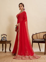 Beautiful Red Color Vichitra Fabric Designer Saree